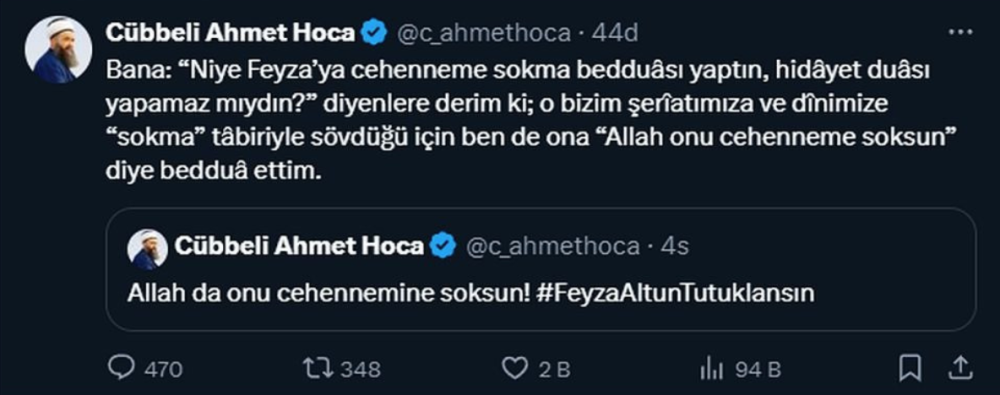 cubbeli ahmet hoca feyza altun a beddua etti